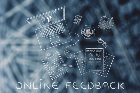 messy desk with laptop and documents with online feedback and customer satisfaction statsの写真素材