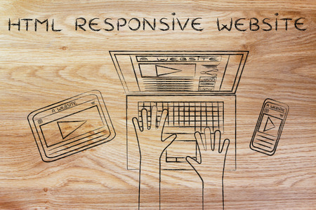 HTML Responsive Website: developper with the same page on his laptop, phone and tabletの写真素材