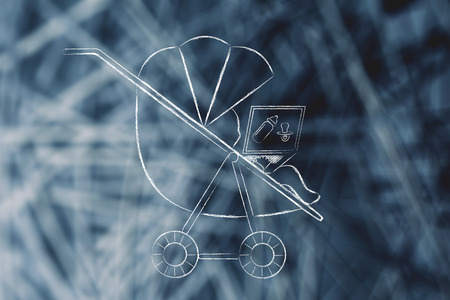 baby or young child in a stroller holding laptop with dummy and baby bottle on the screen