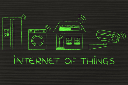 internet of things: home appliance, temperature settings and security camera communicating signalsの写真素材