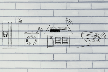 home automation and internet of things: appliance, temperature settings and security camera communicating signalsの写真素材