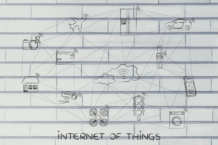 internet of things, examples of smart connected objects communicating over a network (handdrawn low-poly inspired)の写真素材