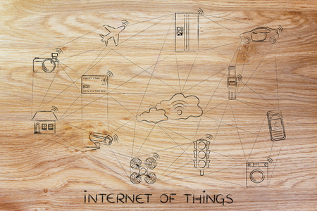 internet of things, examples of smart connected objects communicating over a network (handdrawn low-poly inspired)の写真素材