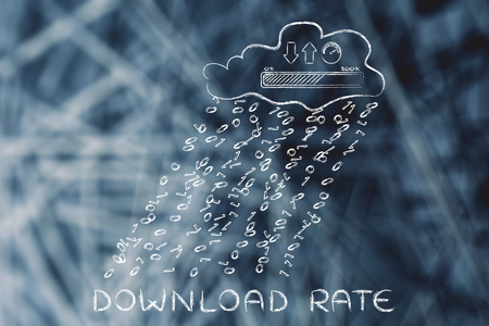 Download rate: cloud with binary code rain & uploads & downloads progress bar with speedometerの写真素材