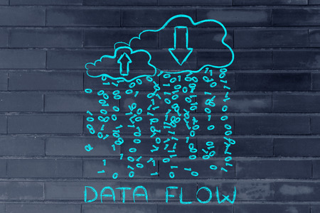 Data Flow: metaphor of cloud computing with binary code rain and arrowsの写真素材