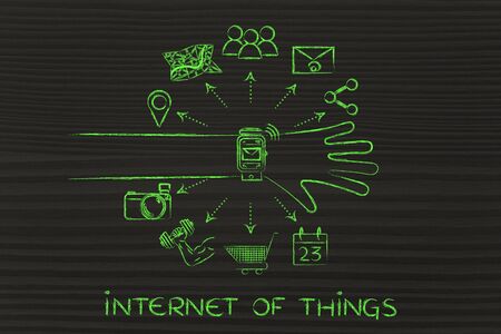 Internet of Things: smartwatch user with functions and icons apps coming out of the screenの写真素材