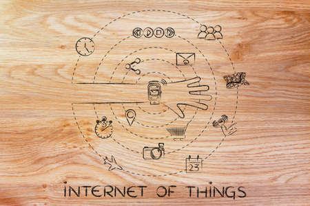 internet of things: smartwatch user with functions and apps spinning around his wristの写真素材