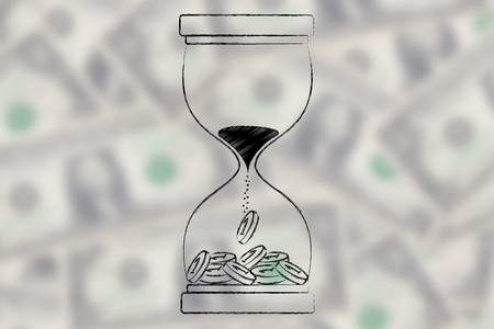 concept of time is money: hourglass with sand turning into coins