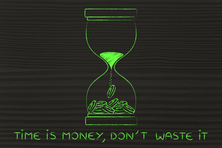 time is money, don't waste it: hourglass with sand turning into coinsの写真素材
