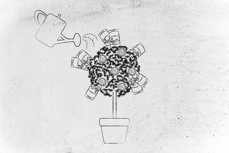 money tree with banknotes and coins between the leaves and water canの写真素材