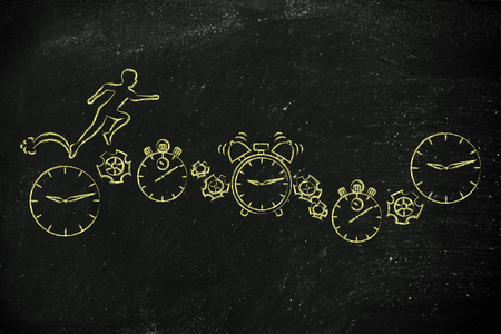 concept of time management: man running on clocks, stopwatches, alarms & gearwheelsの写真素材
