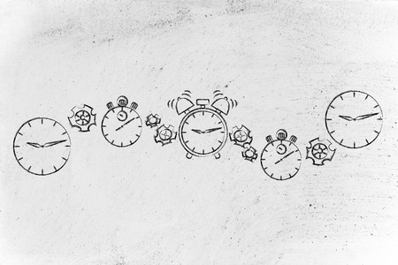 concept of time management: different clocks, stopwatches, alarms & gearwheelsの写真素材