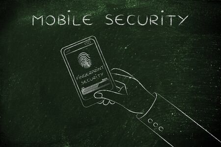 mobile security and finger scanner on smartphone, user touching the screen to unlockの写真素材