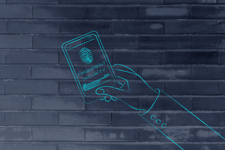 hand holding smartphone with fingerprint scannerの写真素材