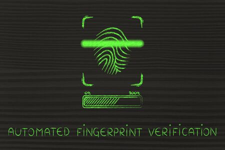 automated fingerprint verification: scan in progress, with glow effect and loading barの写真素材