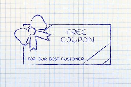 retailer's free coupon with wrapping bow, concept of rewarding the best customersの写真素材