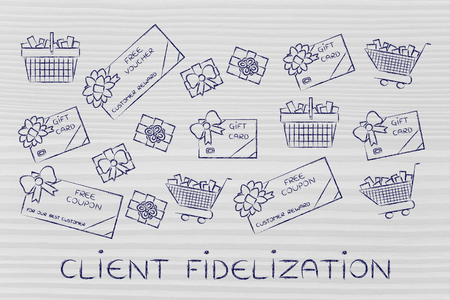 client fidelization: set of mixed gift cards, shopping carts, coupons and vouchersの写真素材