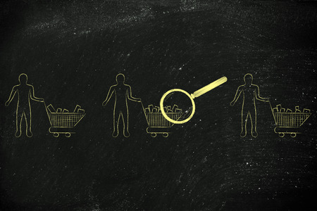 magnifying glass on clients' shopping carts with different amounts of products inside (semi-empty to full)の写真素材