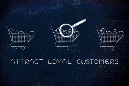attract loyal customers: magnifying glass analyzing shopping carts with different amounts of products inside (semi-empty to full)の写真素材