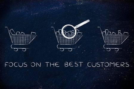 focus on the best customers: magnifying glass analyzing shopping carts with different amounts of products inside (semi-empty to full)の写真素材