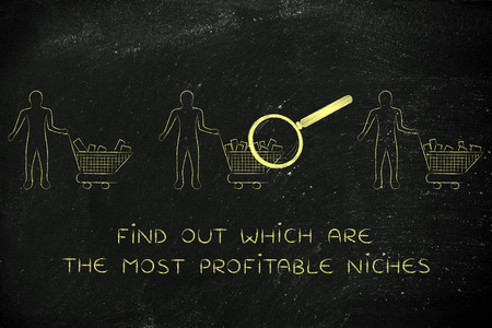 find out which are the most profitable niches: magnifying glass on clients' shopping carts with different amounts of products inside (semi-empty to full)の写真素材