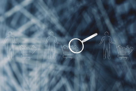 magnifying glass on clients' shopping carts with different amounts of products inside (semi-empty to full)の写真素材