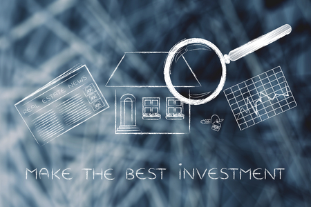 make the best investment: magnifying glass analyzing a house, with sector newspaper, stats and keysの写真素材