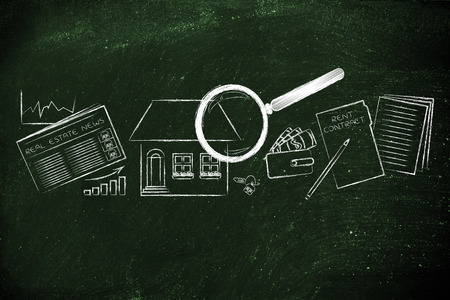 magnifying glass analyzing a house, with sector newspaper, stats, keys, wallet and rent contractの写真素材