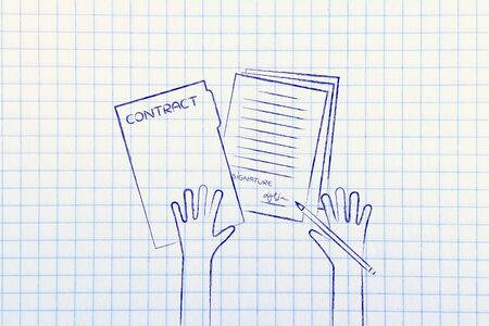hands signing a contract, flat outline illustrationの写真素材