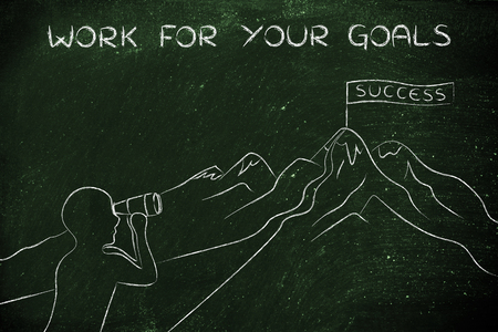 work for your goals: person with binoculars looking at the path to reach a Success banner on top of a mountainの写真素材