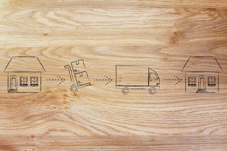 moving: packing boxes from the old house for the movers to deliver them at the new houseの写真素材