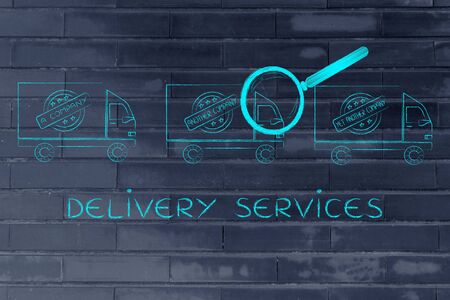 delivery services: trucks from different companies and magnifying glass analyzing themの写真素材