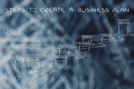 steps to create a business plan: entrepreneur looking through binoculars at the way to establish his own business successfullyの写真素材