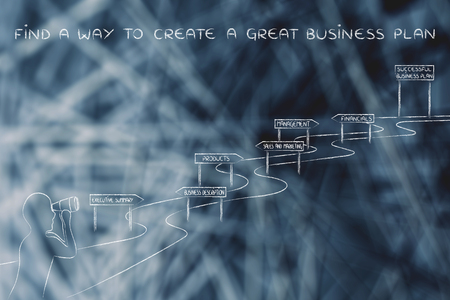 find a way to create a great business plan: entrepreneur looking through binoculars at the way to establish his own business successfullyの写真素材