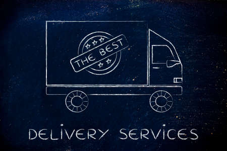 delivery services: truck vehicle with 5 stars feedback sign and text The bestの写真素材