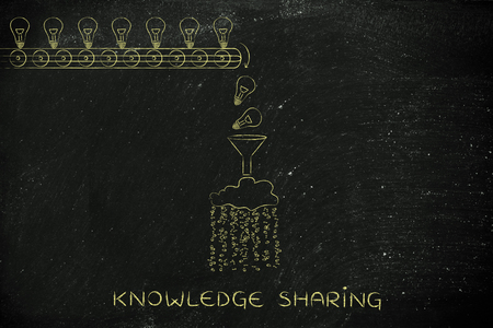 knowledge sharing: machine processing ideas and knowledge into data to be spread around, with production line, funnel and cloudの写真素材