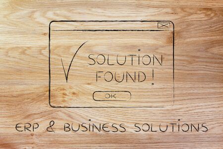 ERP & business solutions: pop-up with message Solution Found and tick, flact chalk outline illustrationの写真素材