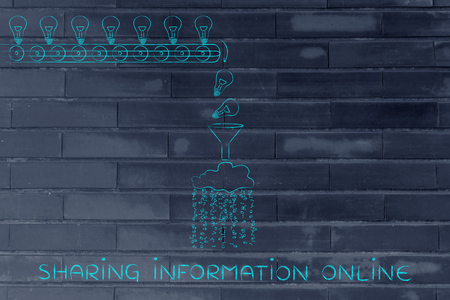 sharing information online: machine processing ideas and knowledge into data to be spread around, with production line, funnel and cloudの写真素材