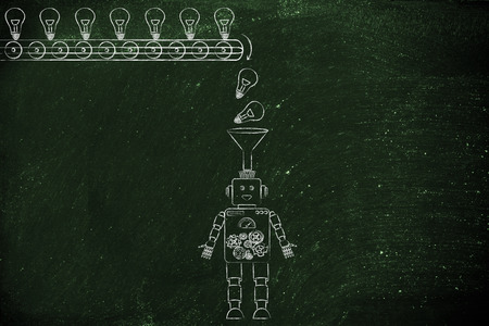 ideas & knowledge being dropped into a robot's mind from a factory production line, concept of artificial intelligenceの写真素材