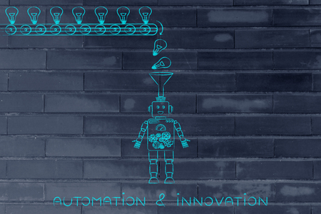 automation & innovation: ideas & knowledge being dropped into a robot's mind from a factory production line, concept of artificial intelligenceの写真素材