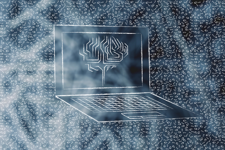 laptop with artificial intelligence brain elaborating data on the screen, surrounded by messy binary codeの写真素材