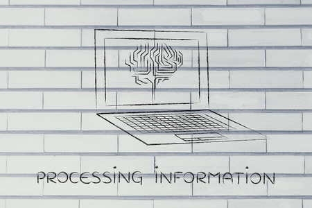 processing information: laptop with artificial intelligence brain elaborating data on the screenの写真素材