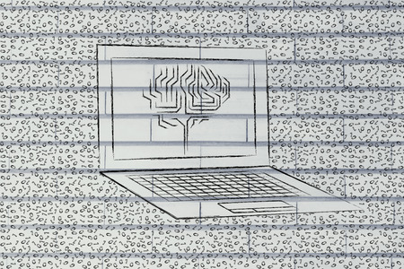 laptop with artificial intelligence brain elaborating data on the screen, surrounded by messy binary...