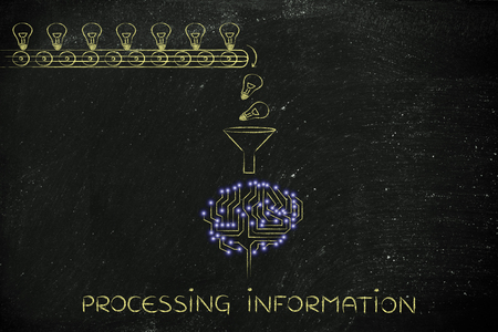 processing information: production line with idea lightbulbs being processed by the microchips & circuits composing an artificial brainの写真素材