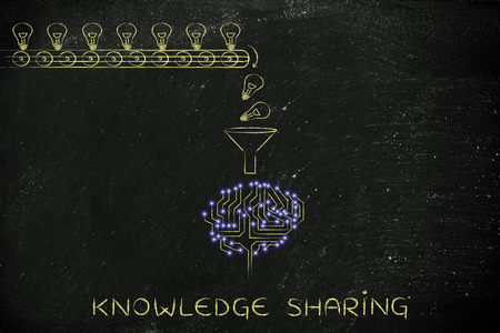 knowledge sharing: production line with idea lightbulbs being processed by the microchips & circuits composing an artificial brainの写真素材