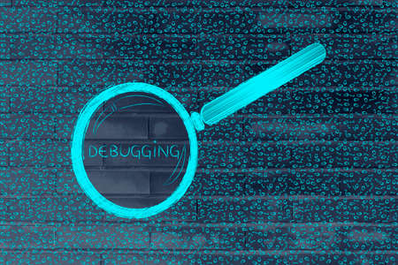 messy binary code and magnifying glass looking into it, with text Debugging