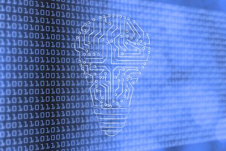 electronic circuits creating the shape of a lightbulbの写真素材