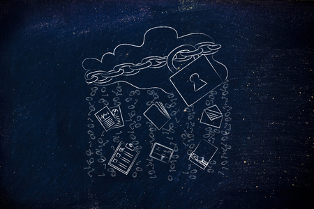 locked up cloud with up and down transfer arrows, different types  of documents and binary code rainの写真素材