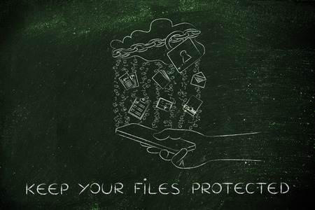 keep your files protected: locked up cloud with different types of documents and binary code rain above smartphoneの写真素材
