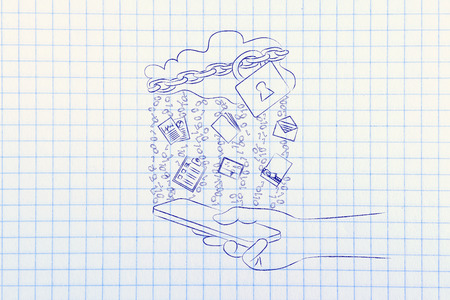 locked up cloud with different types of documents and binary code rain above smartphoneの写真素材